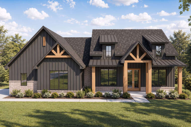 Charcoal Modern Farmhouse, Front Elevation with vertical siding, brick base, wood accents, metal roof, and lush landscaping. House Plan # 5105-00024 Digital Rendering by America's Best House Plans, Inc.