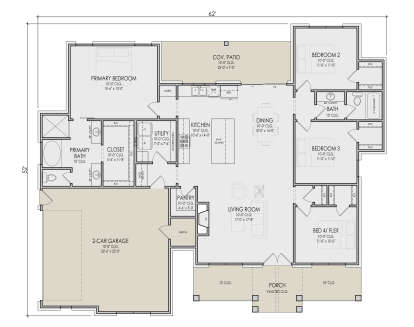 Main Floor: 4BR, 2BA, Living, Kitchen, Dining, Pantry, Ldry, 2-car garage, Cov. Patio, Vaulted Porch, FP, 10' ceilings. House Plan # 5105-00024 Main Floor  Floor Plan Drawing by America's Best House Plans, Inc.