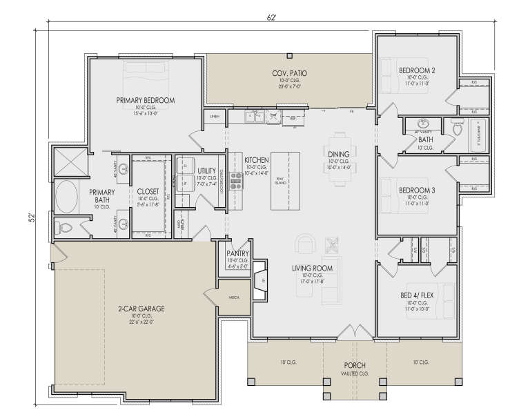 Main Floor: 4BR, 2BA, Living, Kitchen, Dining, Pantry, Ldry, 2-car garage, Cov. Patio, Vaulted Porch, FP, 10' ceilings. House Plan # 5105-00024 Main Floor  Floor Plan Drawing by America's Best House Plans, Inc.
