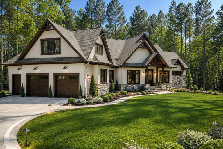 White and stone, Angled Front Elevation, board-and-batten siding, dark wood accents, lantern lighting, manicured lawn. House Plan # 6102-00003 Digital Rendering by America's Best House Plans, Inc.