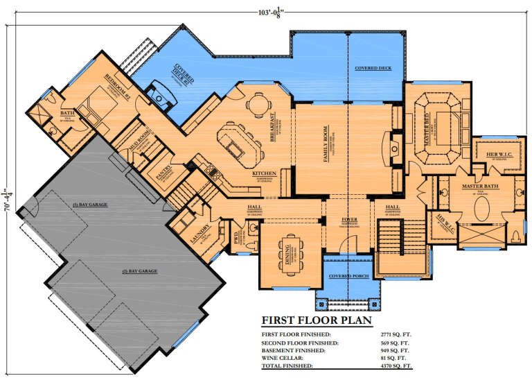 Main Floor: 2BR, 2.5BA, Kitchen, Brkfst, Dining, Vaulted Family, 3-car garage, 2 Covered Decks, Porch, 2 WIC, Ldry, Stairs. House Plan # 6102-00003 Main Floor  Floor Plan Drawing by America's Best House Plans, Inc.