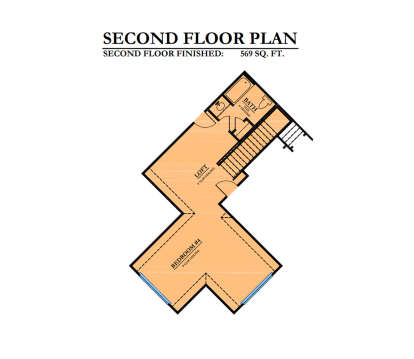 Second Floor: 1BR, 1BA, Loft, stairs. 569 sq. ft. finished. Features 8' clip ceilings in BR and loft. House Plan # 6102-00003 Second Floor Floor Plan Drawing by America's Best House Plans, Inc.