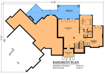 Basement: 1BR, 1BA, Recreation room, Wine cellar, Workshop/Storage, stairs, lower patio. 9' ceilings, 12' in wine cellar. House Plan # 6102-00003 Basement Floor Plan Drawing by America's Best House Plans, Inc.