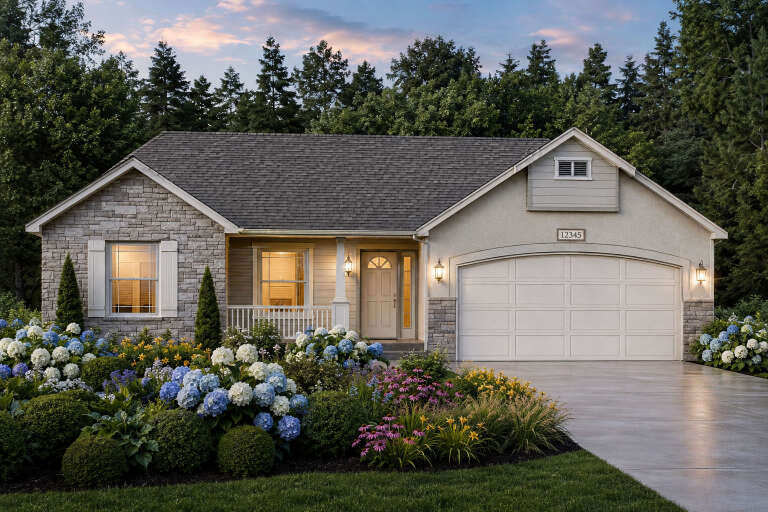 Grey Craftsman, Front Elevation with stone siding, lit lanterns, lush hydrangea landscaping, and concrete driveway. House Plan # 8768-00231 Digital Rendering by America's Best House Plans, Inc.