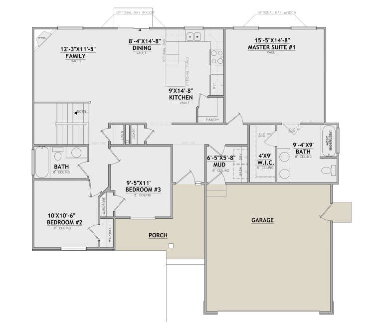 Main Floor: 3BR, 2BA, Vaulted Family/Dining/Kitchen, Pantry, Mud/Ldry, WIC, 2-car garage, Porch, Stairs. Unheated: Garage/Porch. House Plan # 8768-00231 Main Floor  Floor Plan Drawing by America's Best House Plans, Inc.