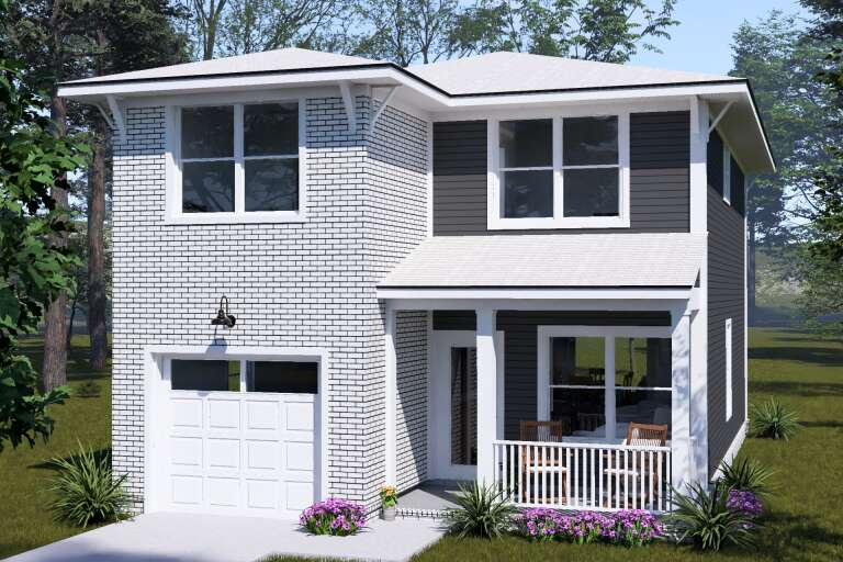White and charcoal Contemporary, Angled Front Elevation, brick and siding, porch with railing, sconce, floral landscaping. House Plan # 4848-00620 Digital Rendering by America's Best House Plans, Inc.