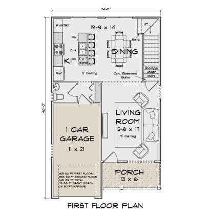 Main Floor: 0 Bed, 1 Bath, Kitchen, Dining, Living, Pantry, 1-car garage, Porch, 9' ceilings, stairs with under-stair storage. House Plan # 4848-00620 Main Floor  Floor Plan Drawing by America's Best House Plans, Inc.