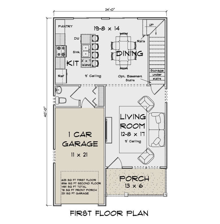 Main Floor: 0 Bed, 1 Bath, Kitchen, Dining, Living, Pantry, 1-car garage, Porch, 9' ceilings, stairs with under-stair storage. House Plan # 4848-00620 Main Floor  Floor Plan Drawing by America's Best House Plans, Inc.