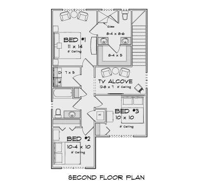 Second Floor: 3BR, 2BA, TV Alcove, Ldry, stairs. 8' ceilings throughout. House Plan # 4848-00620 Second Floor Floor Plan Drawing by America's Best House Plans, Inc.