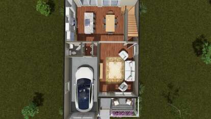 Overhead Main Floor: 1 BA, Kitchen, Dining, Living, 1-car garage, stairs, porch. Unheated: garage and porch areas. House Plan # 4848-00620 Overhead Main Floor Floor Plan Drawing by America's Best House Plans, Inc.
