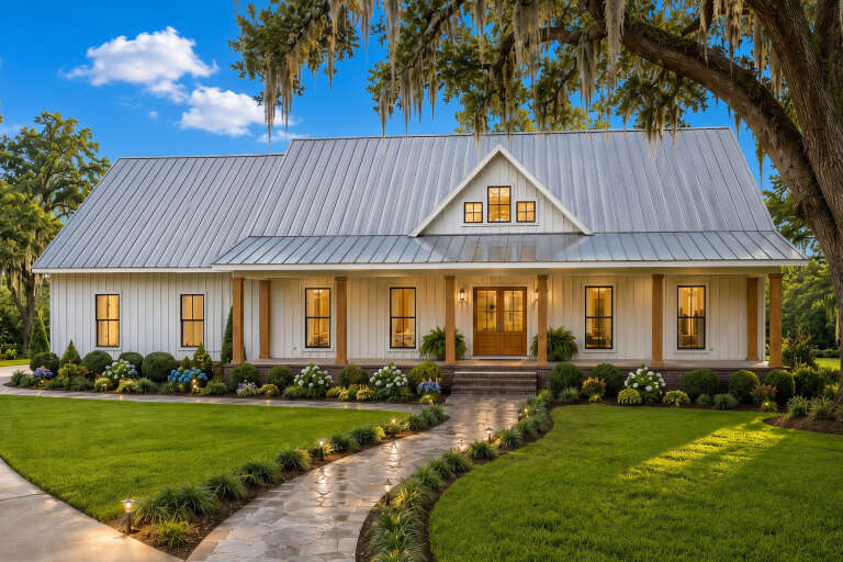 White Modern Farmhouse, Angled Front Elevation, board-and-batten, metal roof, wood columns, stone path, lush landscaping. House Plan # 1776-00191 Digital Rendering by America's Best House Plans, Inc.