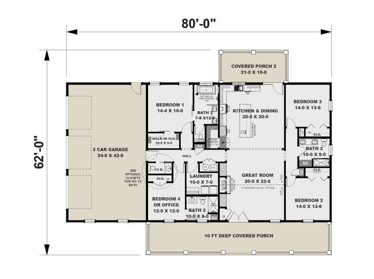 Main Floor: 4BR, 3BA, Great Room, Kitchen/Dining, Pantry, Ldry. 3-car garage, 2 covered porches, fireplace, WIC. House Plan # 1776-00191 Main Floor  Floor Plan Drawing by America's Best House Plans, Inc.