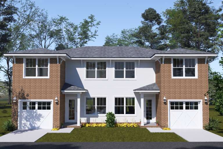 White and Brick Contemporary, Front Elevation with horizontal siding, dual garages, lantern lights, and front landscaping. House Plan # 4848-00621 Digital Rendering by America's Best House Plans, Inc.