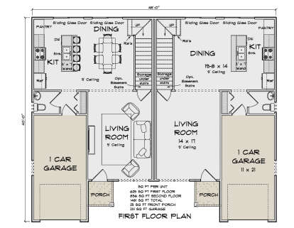 Main Floor: Duplex, each unit has Living, Kitchen, Dining, 1 BA, 1-car garage, porch, stairs, 9' ceilings, pantry. House Plan # 4848-00621 Main Floor  Floor Plan Drawing by America's Best House Plans, Inc.