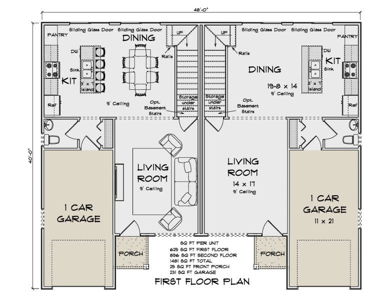 Main Floor: Duplex, each unit has Living, Kitchen, Dining, 1 BA, 1-car garage, porch, stairs, 9' ceilings, pantry. House Plan # 4848-00621 Main Floor  Floor Plan Drawing by America's Best House Plans, Inc.