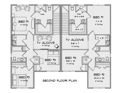 Second Floor: 6 BR, 4 BA, 2 TV Alcoves, 8' ceilings. Duplex layout with 3 BR, 2 BA, and TV alcove per side. House Plan # 4848-00621 Second Floor Floor Plan Drawing by America's Best House Plans, Inc.