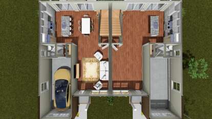 Overhead Main Floor: Duplex, 2 Kitchens, 2 Dining, 2 Living, 2 BA, 2-car garages, 2 sets of stairs, 2 porches. Unheated: garage. House Plan # 4848-00621 Overhead Main Floor Floor Plan Drawing by America's Best House Plans, Inc.