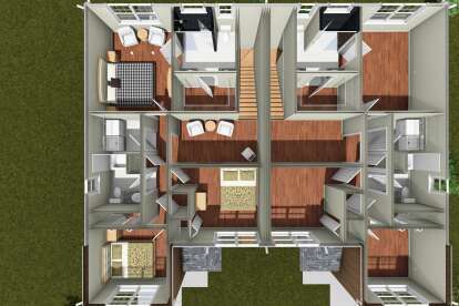 Overhead Second Floor: 4BR, 4BA, 2 Ldry, 2 stairs, 4 WIC. Duplex layout with open living areas and bedroom suites. House Plan # 4848-00621 Overhead Second Floor Floor Plan Drawing by America's Best House Plans, Inc.