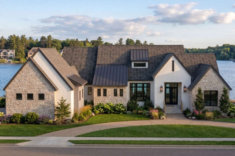 White Craftsman, Front Elevation with stone siding, metal roof accents, black fixtures, lush landscaping, and gravel path. House Plan # 963-01322 Digital Rendering by America's Best House Plans, Inc.