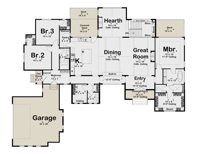 Main Floor: 3BR, 2.5BA, Kitchen, Dining, Great Room, Hearth, Mudroom, Ldry, 3-car garage, 2 Decks, 2 Porches, Cath. Ceilings. House Plan # 963-01322 Main Floor  Floor Plan Drawing by America's Best House Plans, Inc.