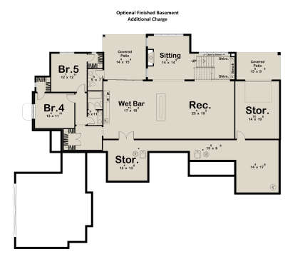 Basement: 2BR, 1BA, Rec room, Wet bar, Sitting, 2 Storage rooms, stairs, 2 covered patios. Unheated: storage/patios. House Plan # 963-01322 Basement Floor Plan Drawing by America's Best House Plans, Inc.
