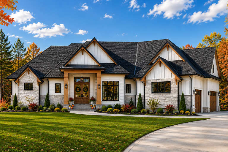White Craftsman, Front Elevation with stone siding, board-and-batten, wooden accents, lanterns, and autumn landscaping. House Plan # 6102-00004 Digital Rendering by America's Best House Plans, Inc.