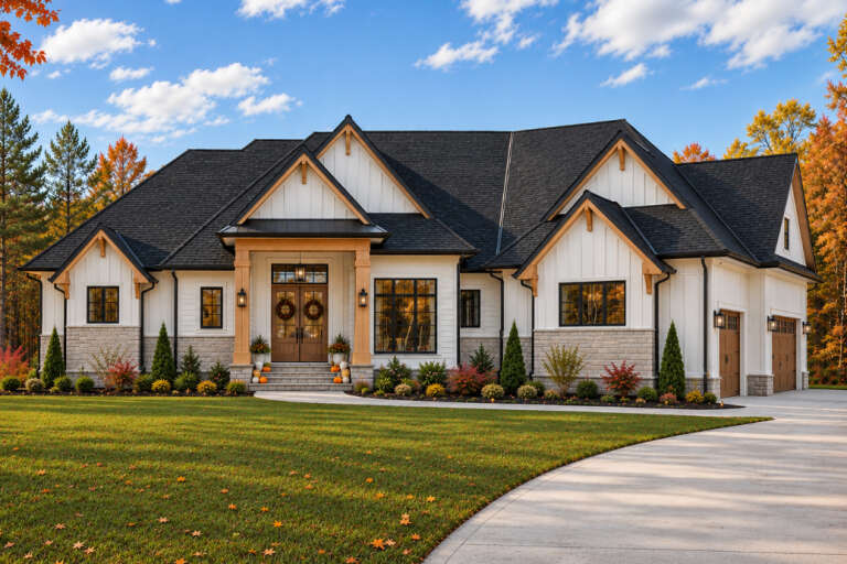 White Craftsman, Front Elevation with stone base, board-and-batten siding, timber accents, lanterns, and fall landscaping. House Plan # 6102-00004 Digital Rendering by America's Best House Plans, Inc.