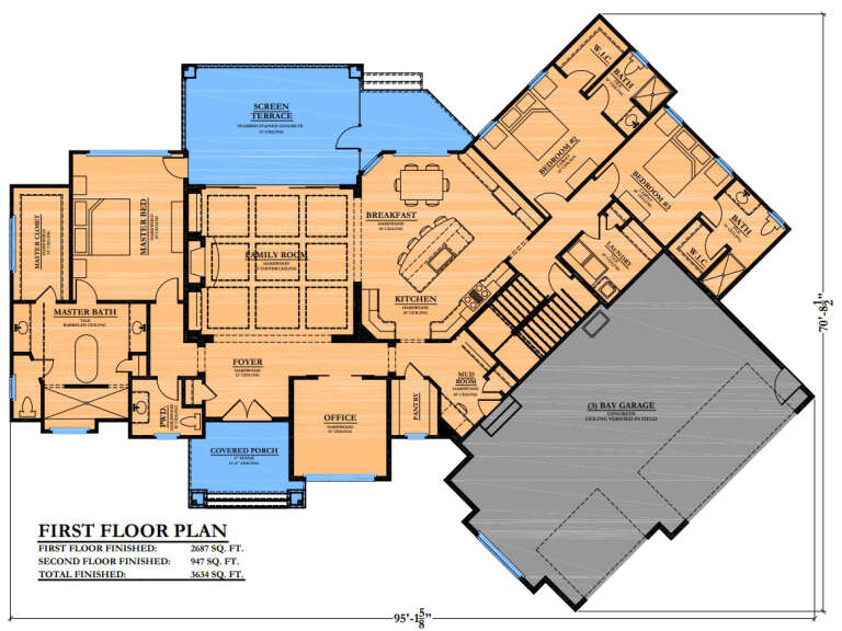 Main Floor: 3BR, 3.5BA, Office, Family, Kitchen, Brkfst, Ldry, Mud, 3-car garage, Screen Terrace, Porch, WICs, Coffered ceiling. House Plan # 6102-00004 Main Floor  Floor Plan Drawing by America's Best House Plans, Inc.
