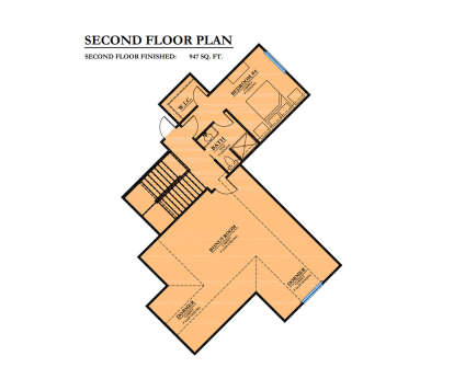 Second Floor: 1 BR, 1 BA, Bonus Room, WIC, stairs, 2 dormers. 9' ceilings. 947 sq. ft. heated. House Plan # 6102-00004 Second Floor Floor Plan Drawing by America's Best House Plans, Inc.