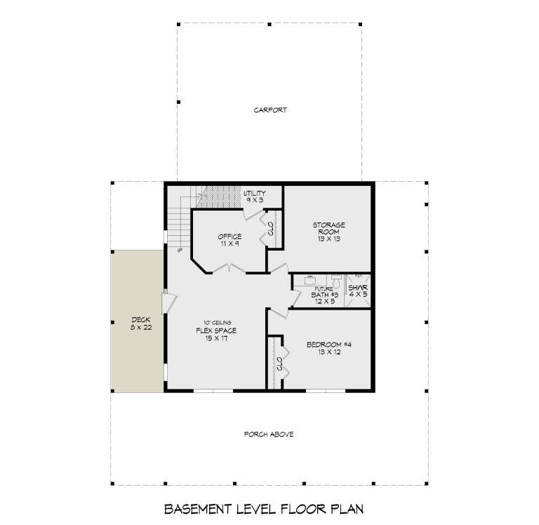Lower Floor/Basement: 1BR, 1BA, Flex Space, Office, Storage, Utility, Deck, Carport. 10' ceilings, stairs. Unheated: carport. House Plan # 940-01471 Lower Floor/Basement Floor Plan Drawing by America's Best House Plans, Inc.