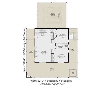 Main Floor: 2BR, 1BA, Rec Room, Wet Bar, 2-car Carport, 3 Porches, Hot Tub, Stairs. 10' ceilings. Unheated: Carport/Porches. House Plan # 940-01471 Main Floor Floor Plan Drawing by America's Best House Plans, Inc.