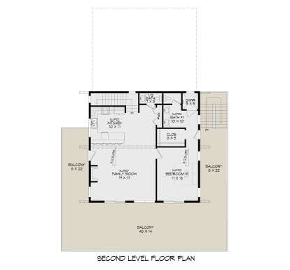Second Floor: 1BR, 1.5BA, Kitchen, Family, Closet, Pantry. 3 Balconies, Stairs. Sloped ceilings throughout. House Plan # 940-01471 Second Floor Floor Plan Drawing by America's Best House Plans, Inc.