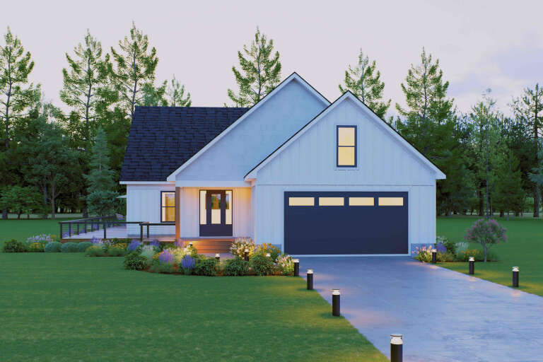 White Contemporary, Front Elevation, board-and-batten siding, dark garage, lit porch, path lighting, and lush landscaping. House Plan # 940-01472 Digital Rendering by America's Best House Plans, Inc.
