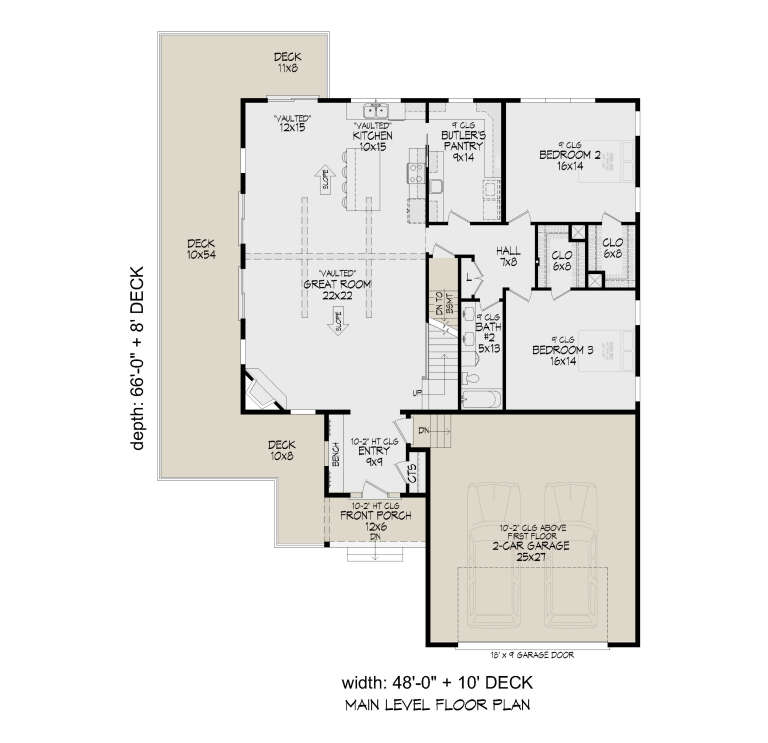 Main Floor: 2BR, 1BA, Vaulted Great Room & Kitchen, Butler's Pantry, Entry, 2-car garage, stairs, 3 decks, front porch. House Plan # 940-01472 Main Floor  Floor Plan Drawing by America's Best House Plans, Inc.
