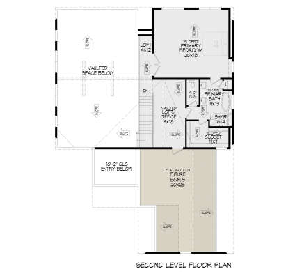 Second Floor: 1BR, 1BA, Loft, Office, WIC, Future Bonus room. Stairs, vaulted ceilings, sloped ceilings in primary suite. House Plan # 940-01472 Second Floor Floor Plan Drawing by America's Best House Plans, Inc.