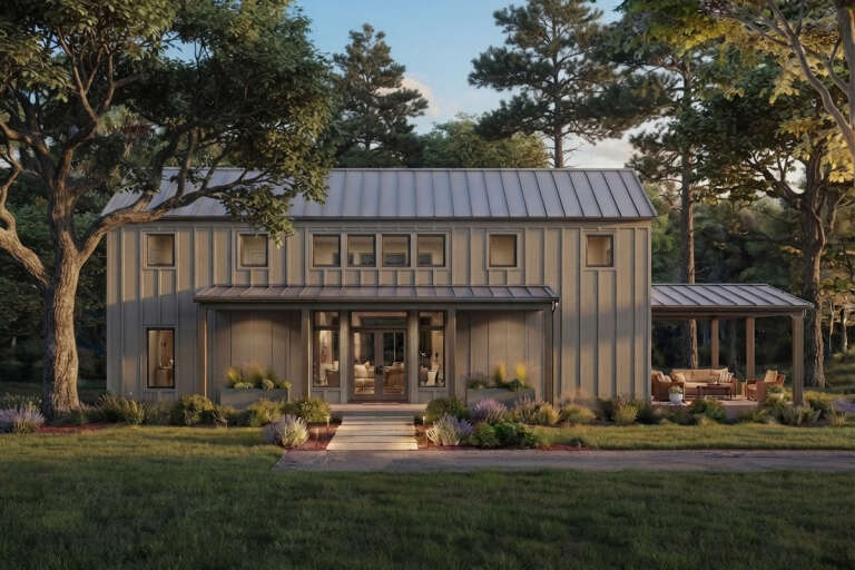 Taupe Barndominium, Front Elevation, board-and-batten siding, metal roof, lit porch, stone walkway, lush landscaping. House Plan # 2880-00015 Digital Rendering by America's Best House Plans, Inc.