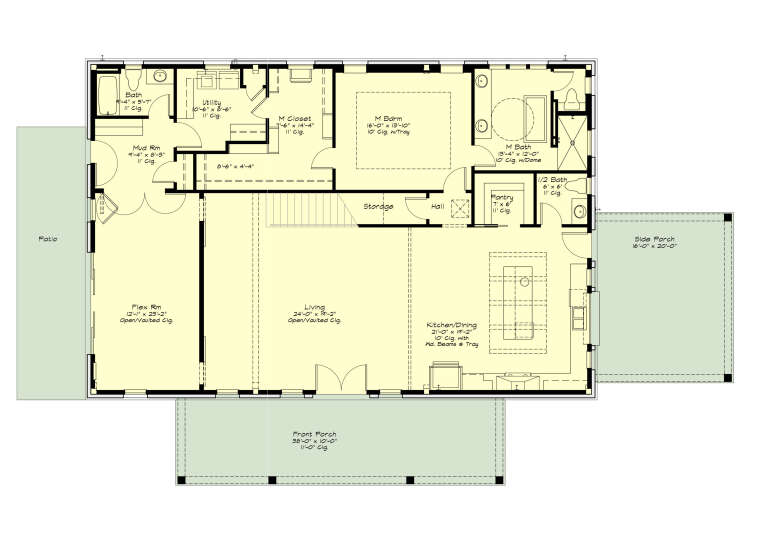 Main Floor: 1BR, 2.5BA, Living, Kitchen/Dining, Flex, Mud, Ldry, Pantry, WIC, Storage, Stairs, Patio, Front/Side Porches. House Plan # 2880-00015 Main Floor  Floor Plan Drawing by America's Best House Plans, Inc.