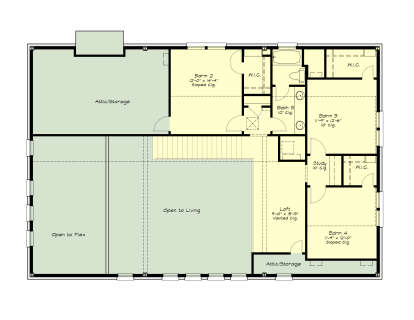 Second Floor: 3BR, 1BA, Loft, Study, 3 WIC, stairs, Attic/Storage. Sloped ceilings in BRs, vaulted ceiling in Loft. House Plan # 2880-00015 Second Floor Floor Plan Drawing by America's Best House Plans, Inc.