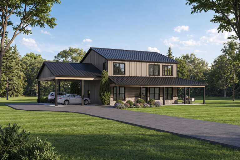 Grey Barndominium, Angled Front Elevation, vertical siding, stone base, metal roof, carport, and lush landscaping. House Plan # 5032-00475 Digital Rendering by America's Best House Plans, Inc.