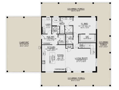 Main Floor: 1BR, 1.5BA, Kitchen, Dining, Living, Mud Rm, Ldry, WIC, 3 Covered Porches, Carport, Stairs, 2-story ceiling. House Plan # 5032-00475 Main Floor  Floor Plan Drawing by America's Best House Plans, Inc.