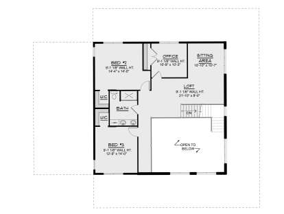 Second Floor: 2 BR, 1 BA, Office, Sitting Area, Loft, 2 WICs, Linen closet, Stairs, Open to below. House Plan # 5032-00475 Second Floor Floor Plan Drawing by America's Best House Plans, Inc.