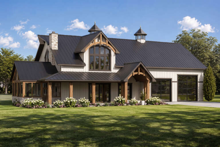 White Barndominium, Angled Front Elevation, metal roof, cupolas, stone chimney, timber accents, and lush landscaping. House Plan # 5032-00476 Digital Rendering by America's Best House Plans, Inc.
