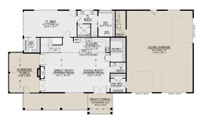 Main Floor: 1BR, 1.5BA, Great/Dining/Kitchen, Pantry, Mud Rm, 3-car garage, WIC, Stairs, Screened/Front Porch, Fireplace. House Plan # 5032-00476 Main Floor  Floor Plan Drawing by America's Best House Plans, Inc.