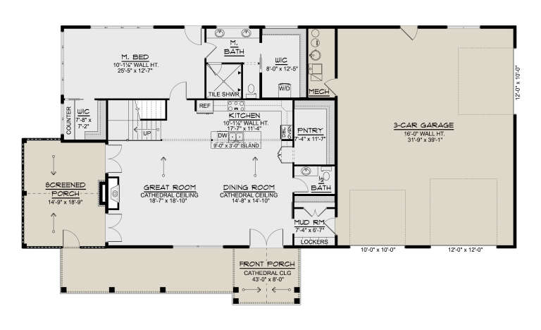 Main Floor: 1BR, 1.5BA, Great/Dining/Kitchen, Pantry, Mud Rm, 3-car garage, WIC, Stairs, Screened/Front Porch, Fireplace. House Plan # 5032-00476 Main Floor  Floor Plan Drawing by America's Best House Plans, Inc.