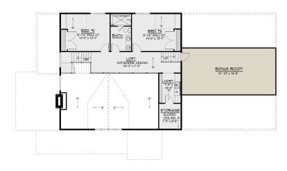 Second Floor: 2BR, 1BA, Loft with cathedral ceiling, Bonus Room, Ldry, Storage. Stairs. Sloped ceilings in bedrooms. House Plan # 5032-00476 Second Floor Floor Plan Drawing by America's Best House Plans, Inc.