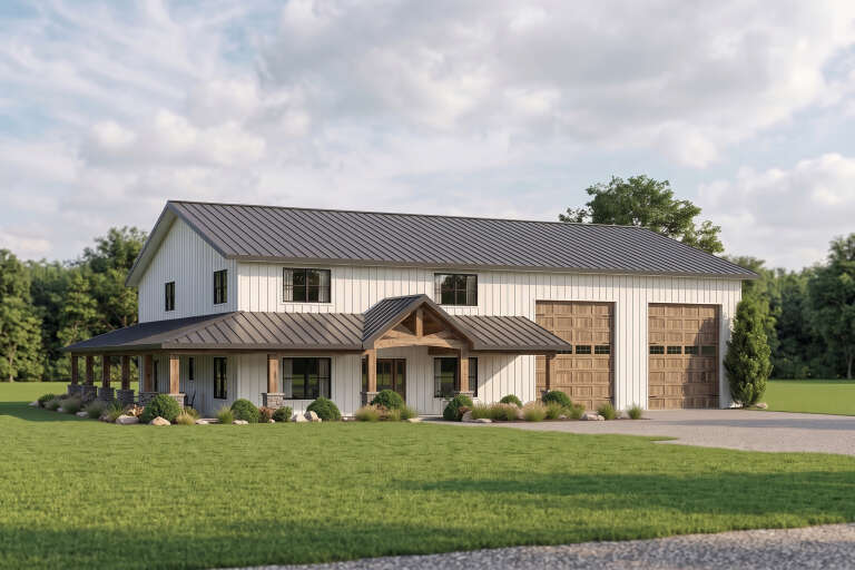 White Barndominium, Angled Front Elevation, board-and-batten siding, metal roof, wood garage doors, stone porch bases. House Plan # 5032-00477 Digital Rendering by America's Best House Plans, Inc.