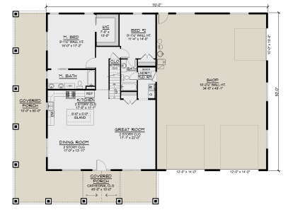 Main Floor: 2BR, 2BA, Great Rm, Kitchen, Dining, Ldry/Mud, WIC, Stairs, 2 Covered Porches, 2-car Shop. 2-story ceilings. House Plan # 5032-00477 Main Floor  Floor Plan Drawing by America's Best House Plans, Inc.