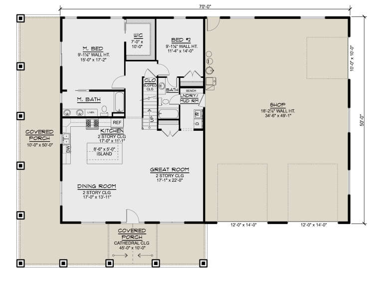 Main Floor: 2BR, 2BA, Great Rm, Kitchen, Dining, Ldry/Mud, WIC, Stairs, 2 Covered Porches, 2-car Shop. 2-story ceilings. House Plan # 5032-00477 Main Floor  Floor Plan Drawing by America's Best House Plans, Inc.