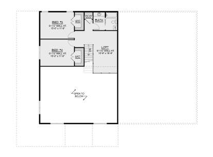 Second Floor: 2 Bed, 1 Bath, Loft, 2 WIC, Linen closet, stairs, open to below. 8'-1 1/8" wall heights. House Plan # 5032-00477 Second Floor Floor Plan Drawing by America's Best House Plans, Inc.