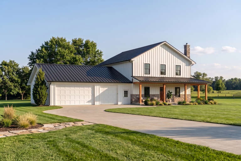 White Barndominium, Angled Front Elevation, board-and-batten siding, stone base, metal roof, wood porch, concrete drive. House Plan # 5032-00478 Digital Rendering by America's Best House Plans, Inc.